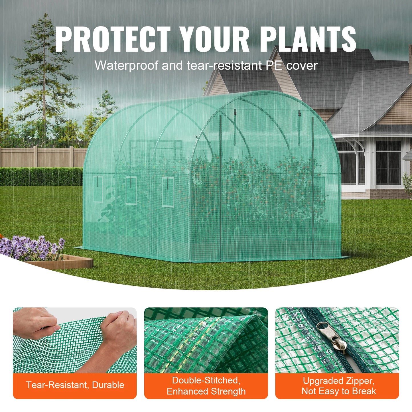 Walk-in Tunnel Hoop House Greenhouse with Steel Frame, Roll-up Zipper Door