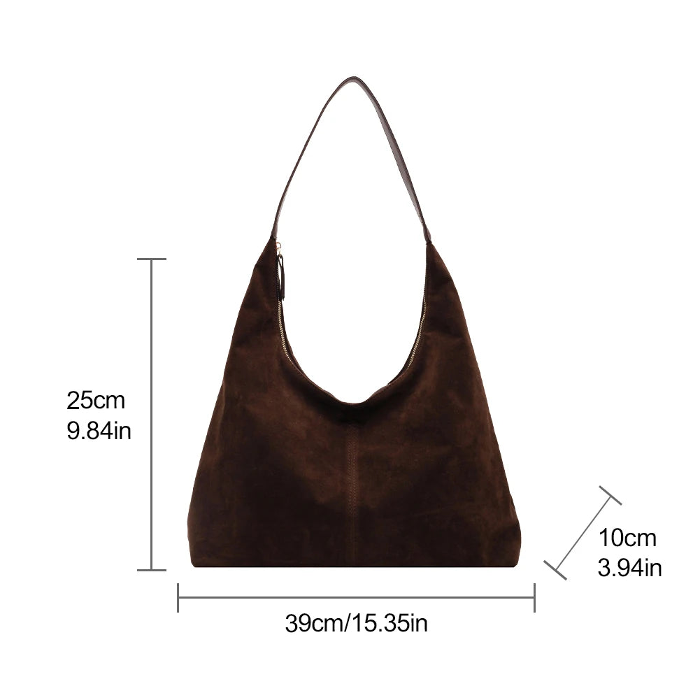 Women's Suede Large Capacity Shoulder Hobo Bag with Zipper