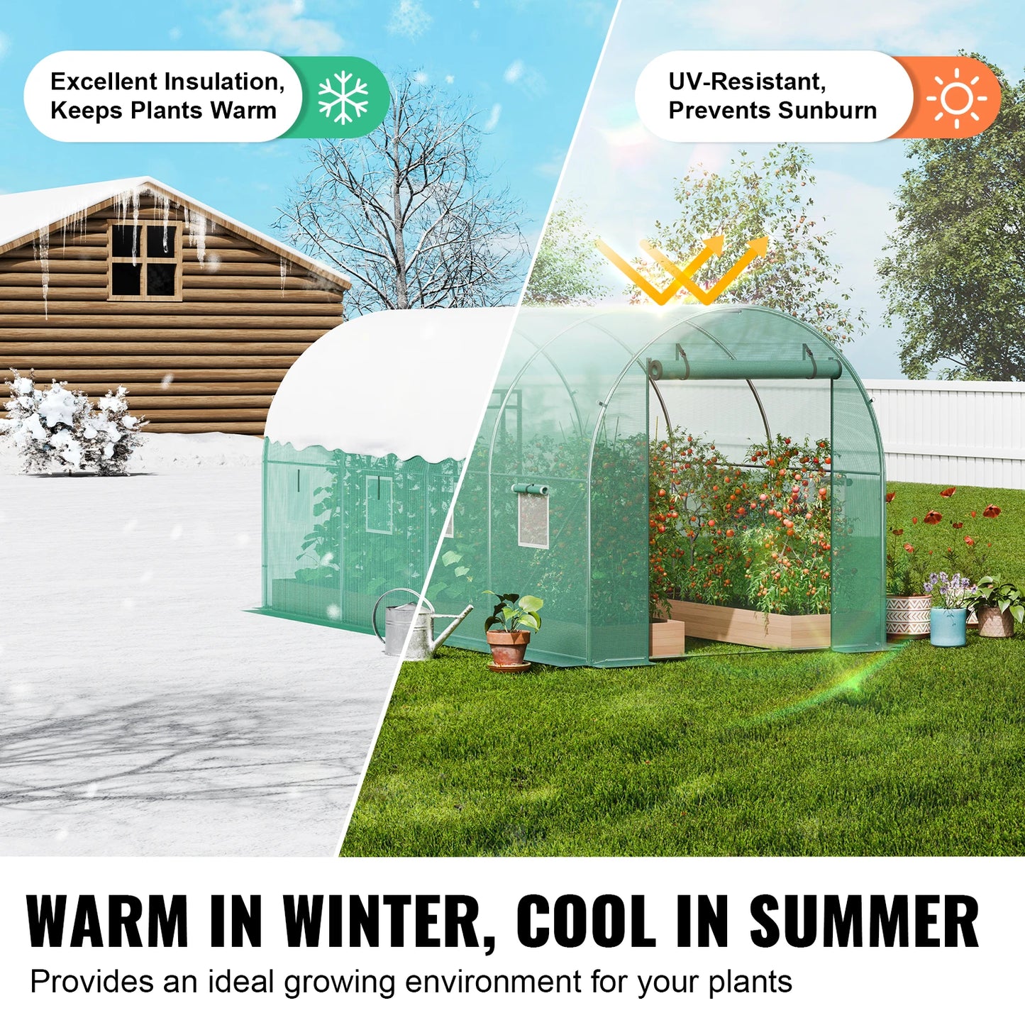 Walk-in Tunnel Hoop House Greenhouse with Steel Frame, Roll-up Zipper Door