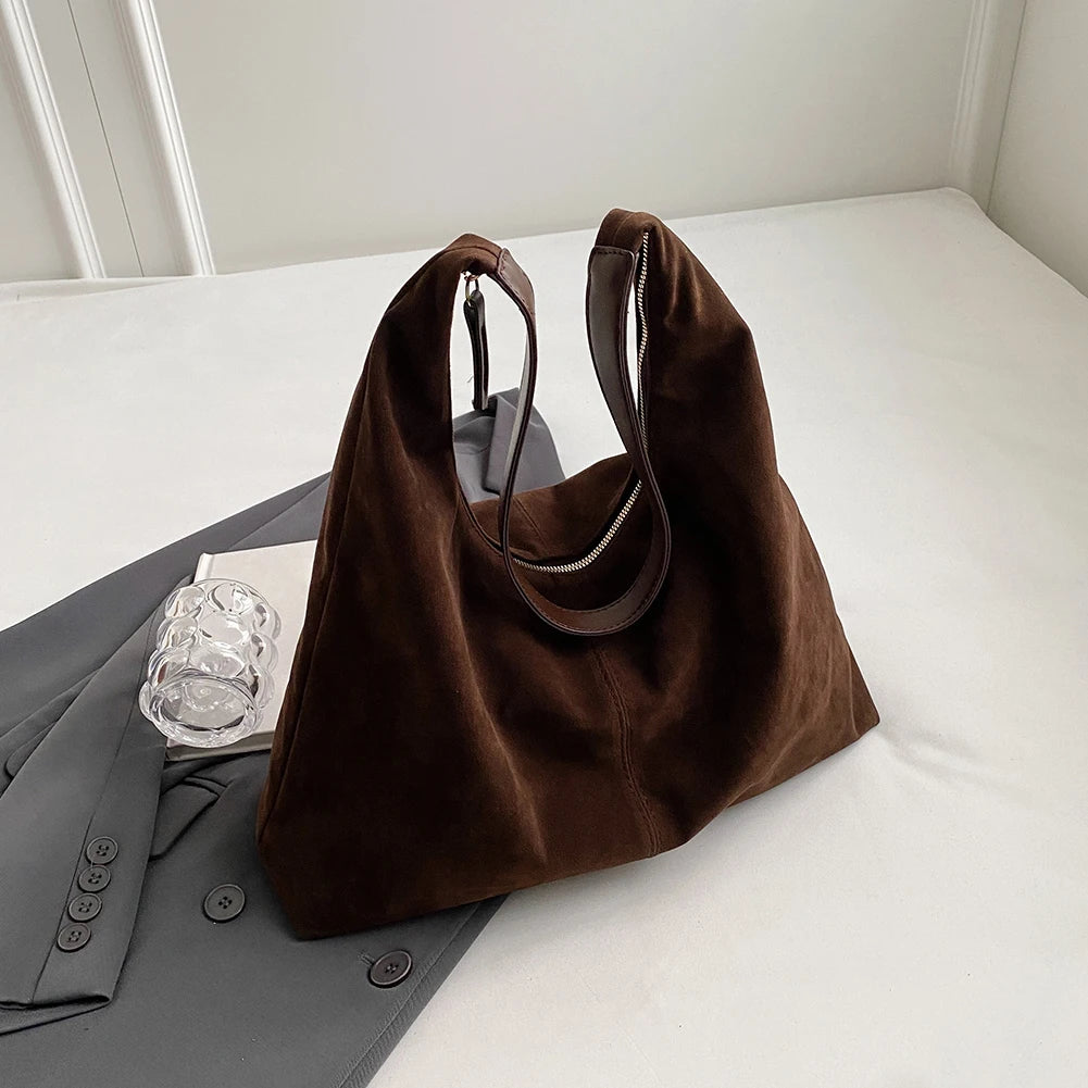 Women's Suede Large Capacity Shoulder Hobo Bag with Zipper
