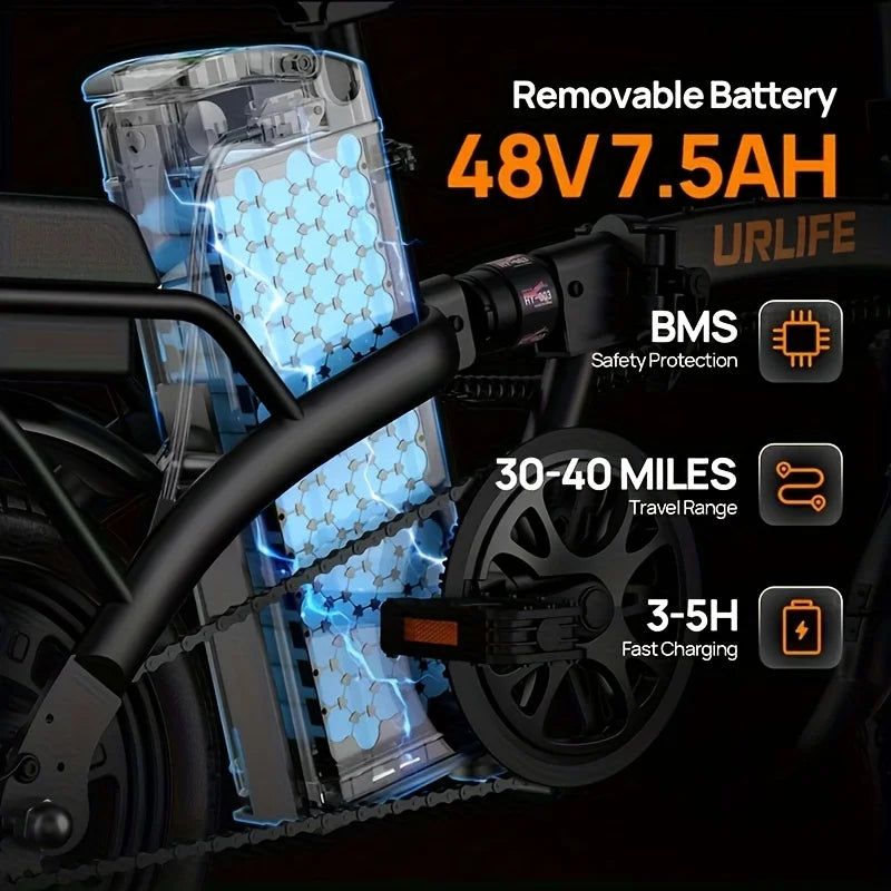 14" Foldable Electric bicycle for Adults, Peak 500W Motor with 48V 7.5Ah
