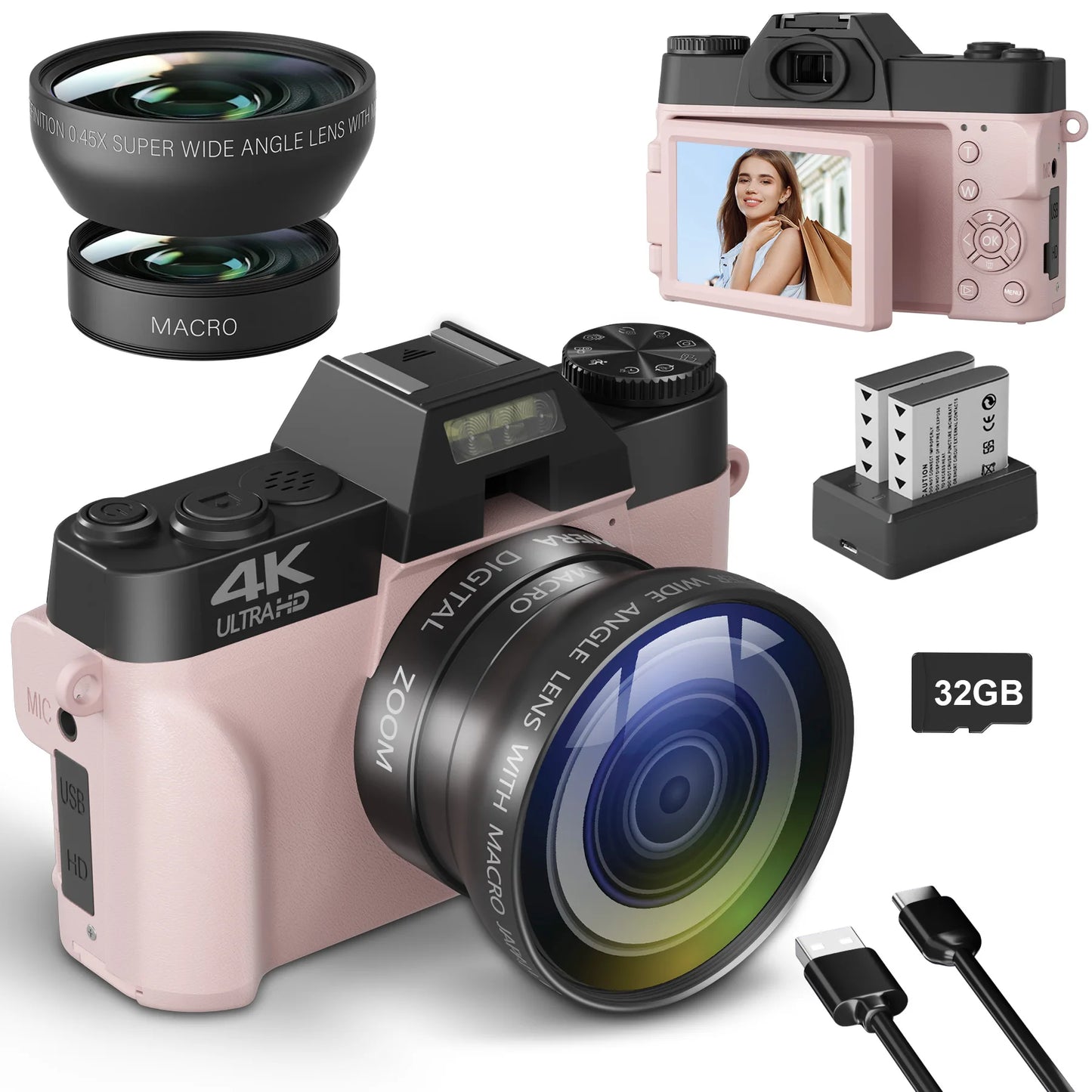 4K WIFI Digital Webcam Camera, 3 Inch Flip Screen