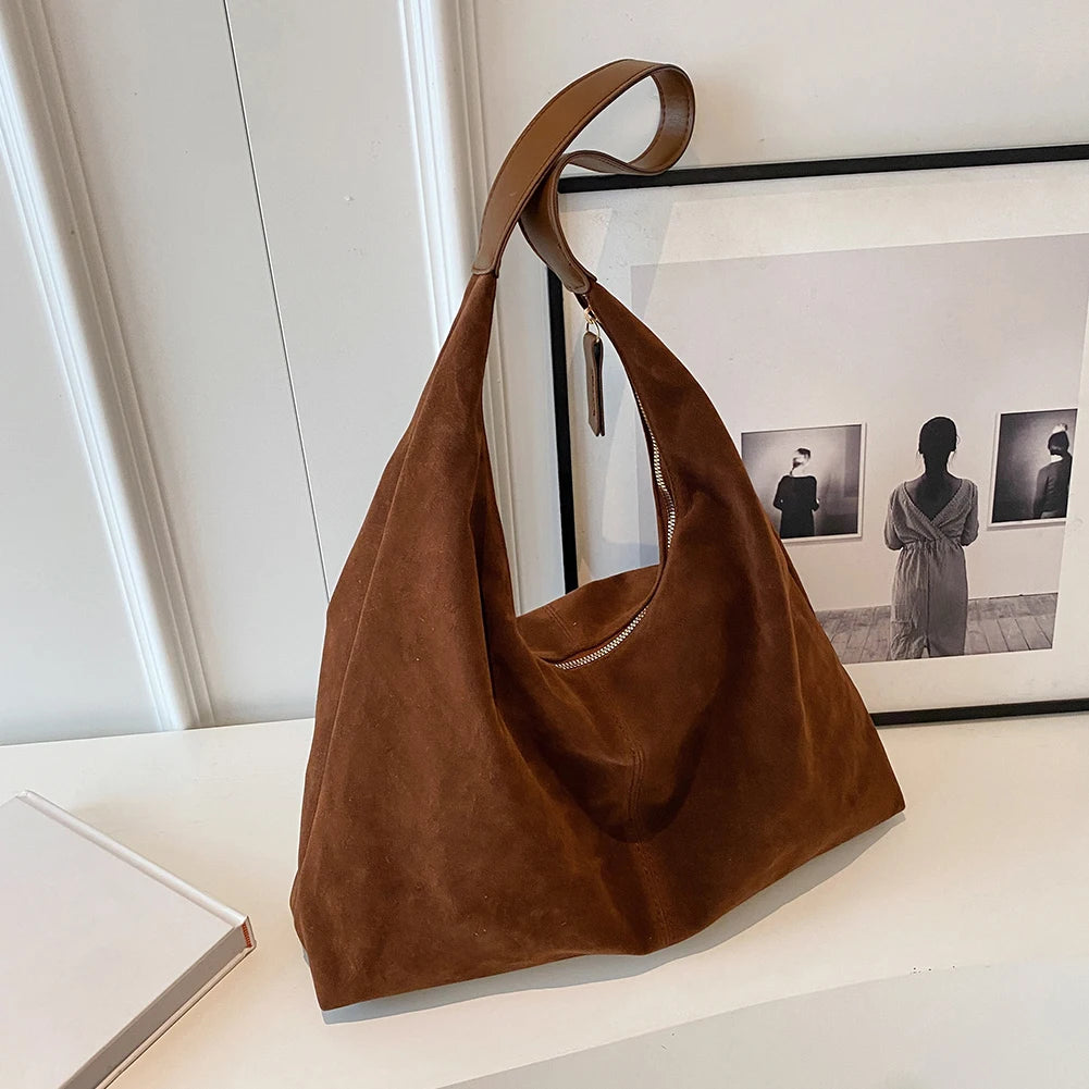 Women's Suede Large Capacity Shoulder Hobo Bag with Zipper