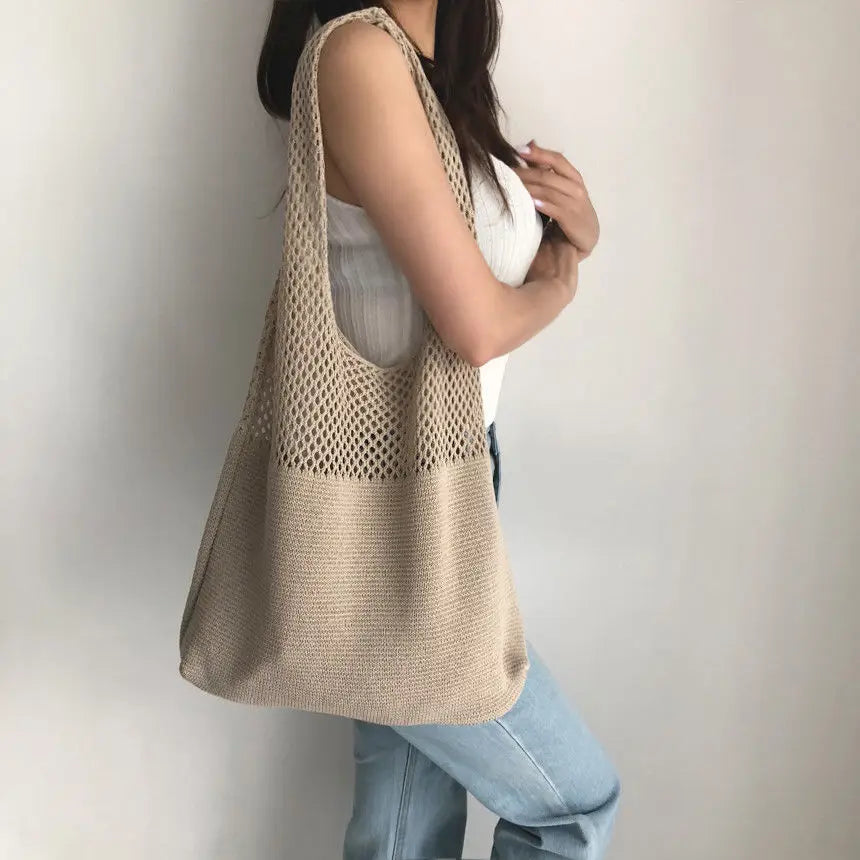Women's Solid Color Crocheted Handbag, Hollow Black Khaki Top-handle