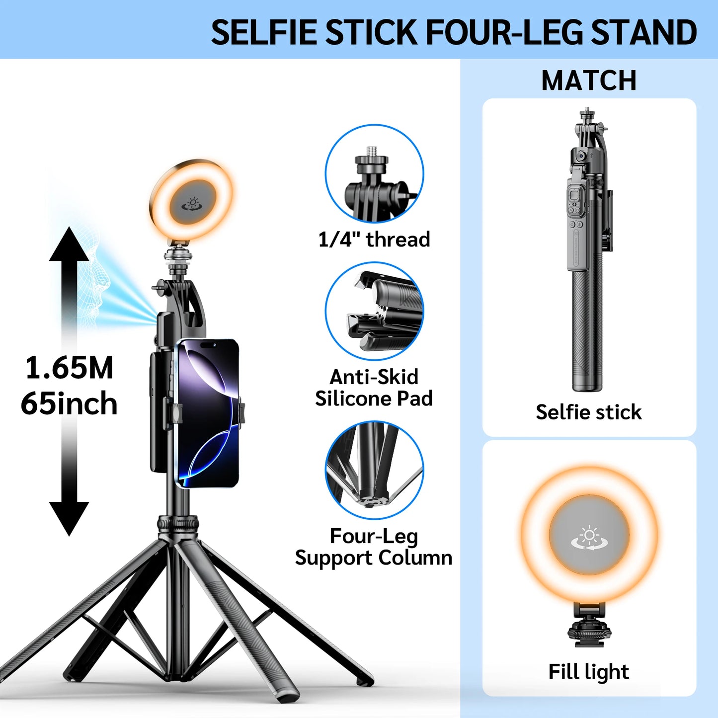 Bluetooth Tripod 360°Auto-Rotation AI Tracking Remote Control Quadrapod