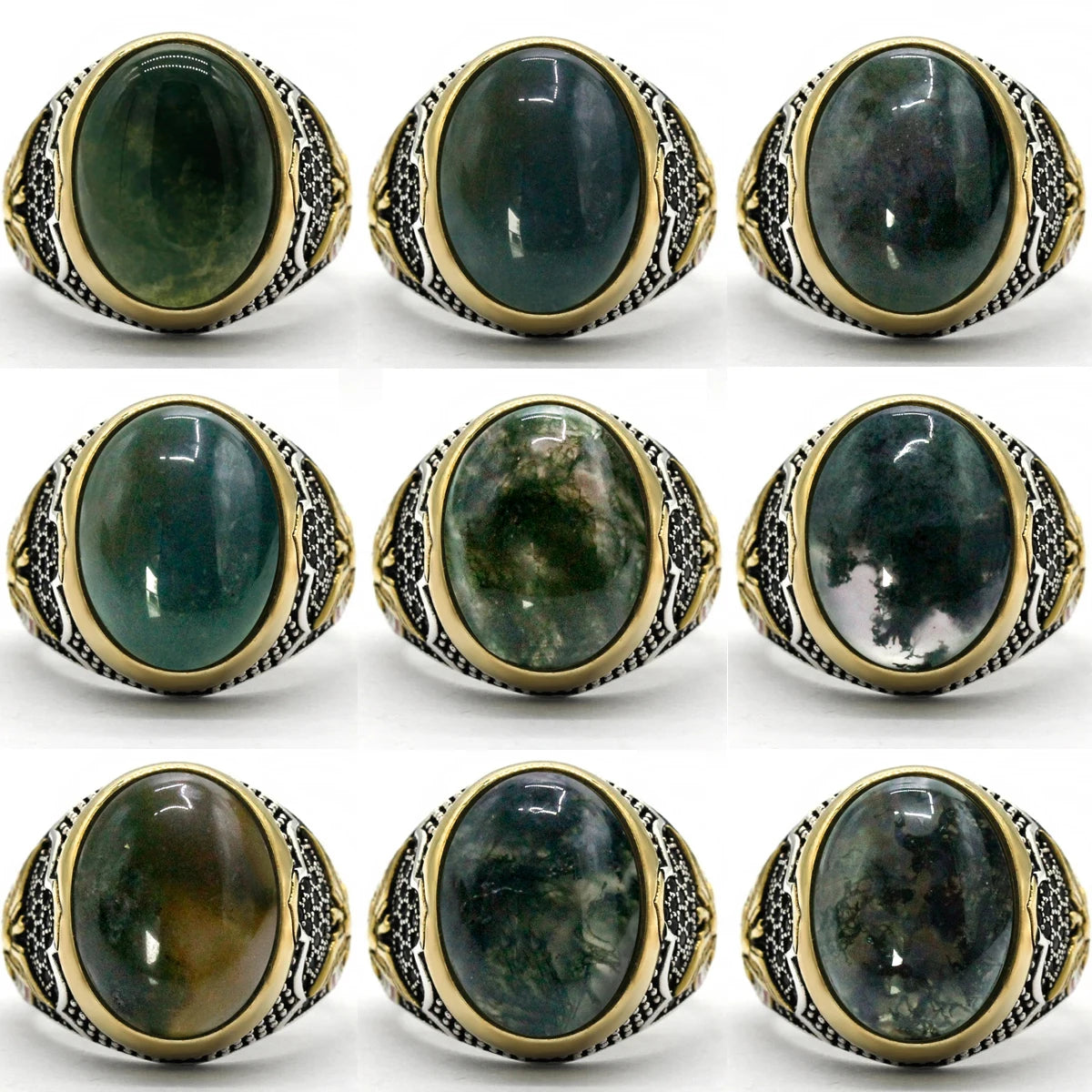 Men's CZ Enamel Gold Ring with Green Natural Agate Stone, Vintage Eagle Design, 925 Sterling Silver