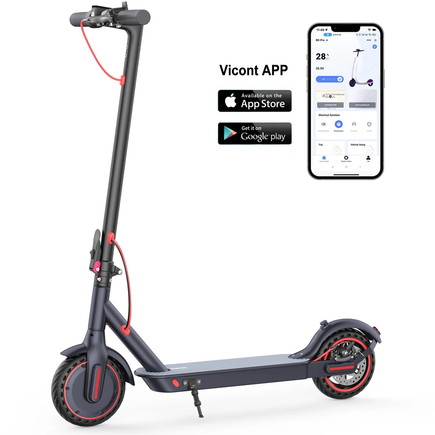 Folding Electric Scooter 350W 19mph APP, 8.5-inch tire