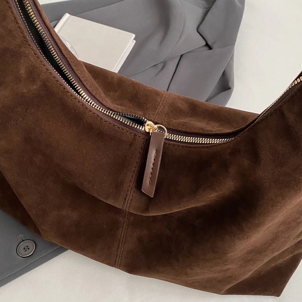 Women's Suede Large Capacity Shoulder Hobo Bag with Zipper
