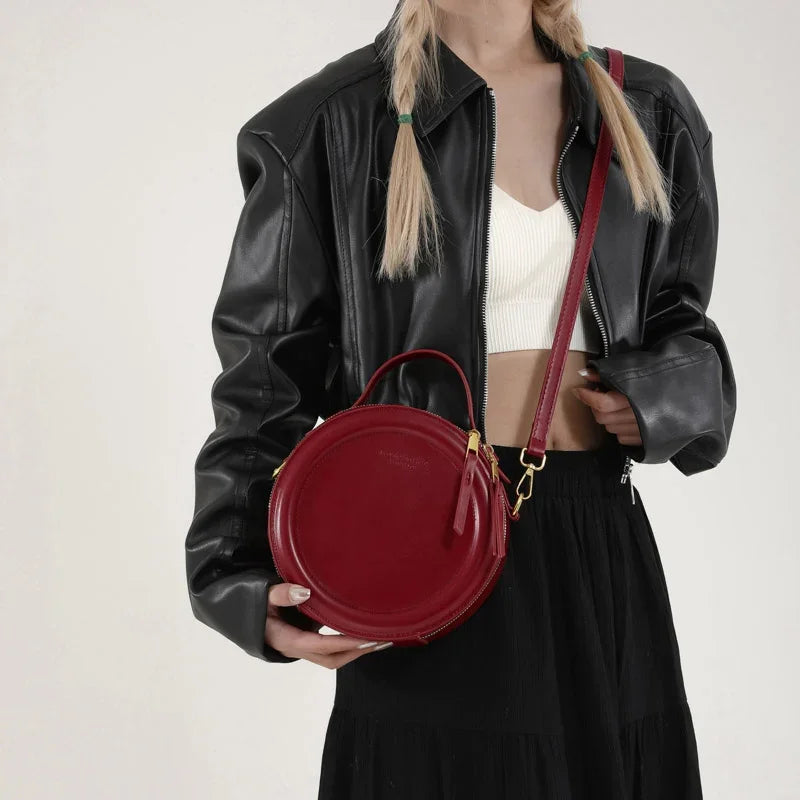 Small Round Leather Crossbody Women's Handbag