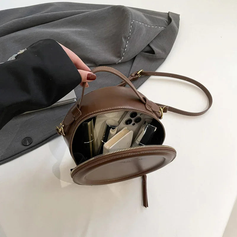 Small Round Leather Crossbody Women's Handbag