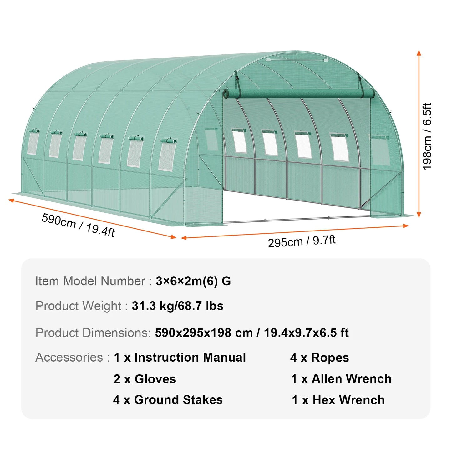 Walk-in Tunnel Hoop House Greenhouse with Steel Frame, Roll-up Zipper Door
