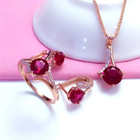 High Quality Fashion Jewelry Inlaid Ruby Sets, Earrings, Necklace, and Ring