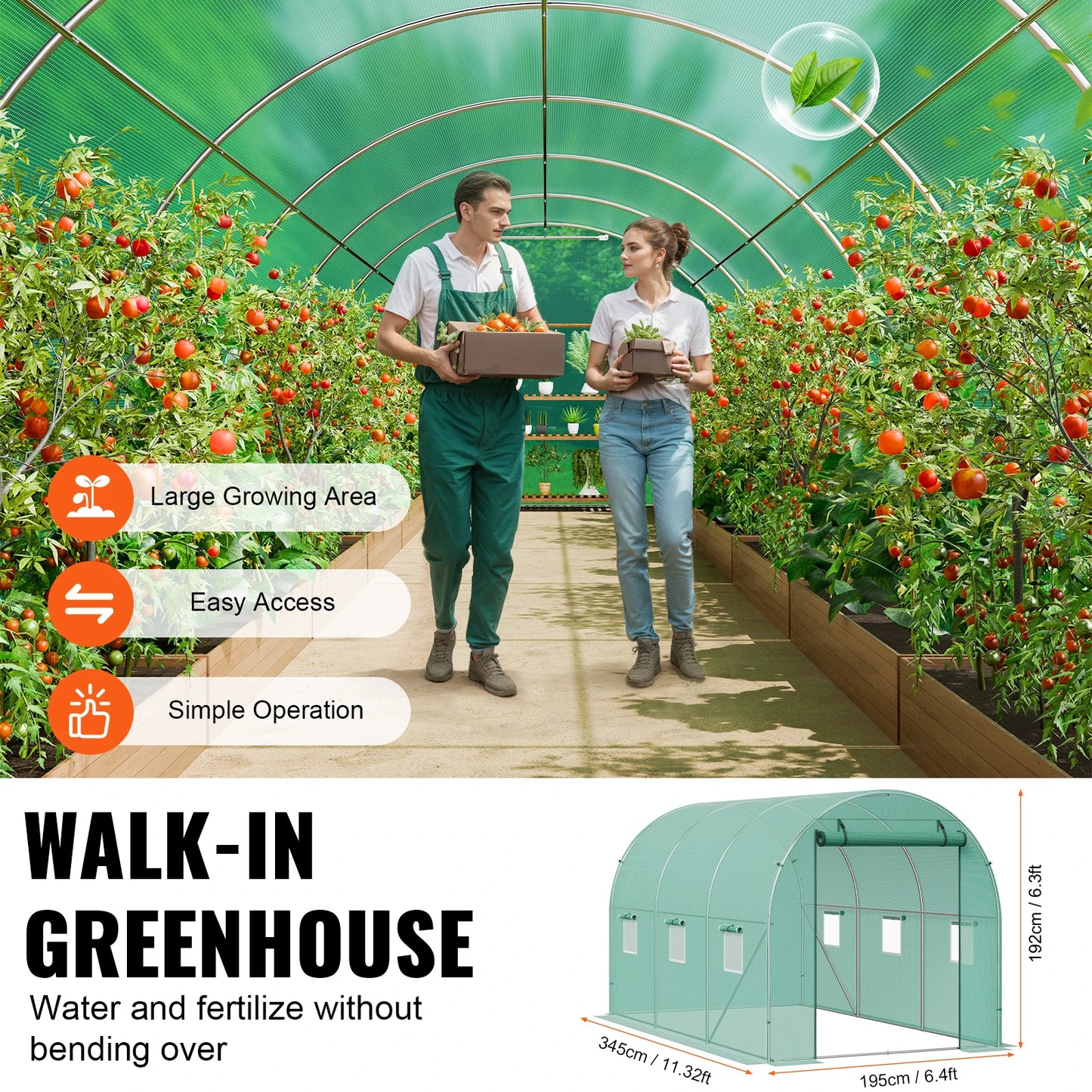 Walk-in Tunnel Hoop House Greenhouse with Steel Frame, Roll-up Zipper Door