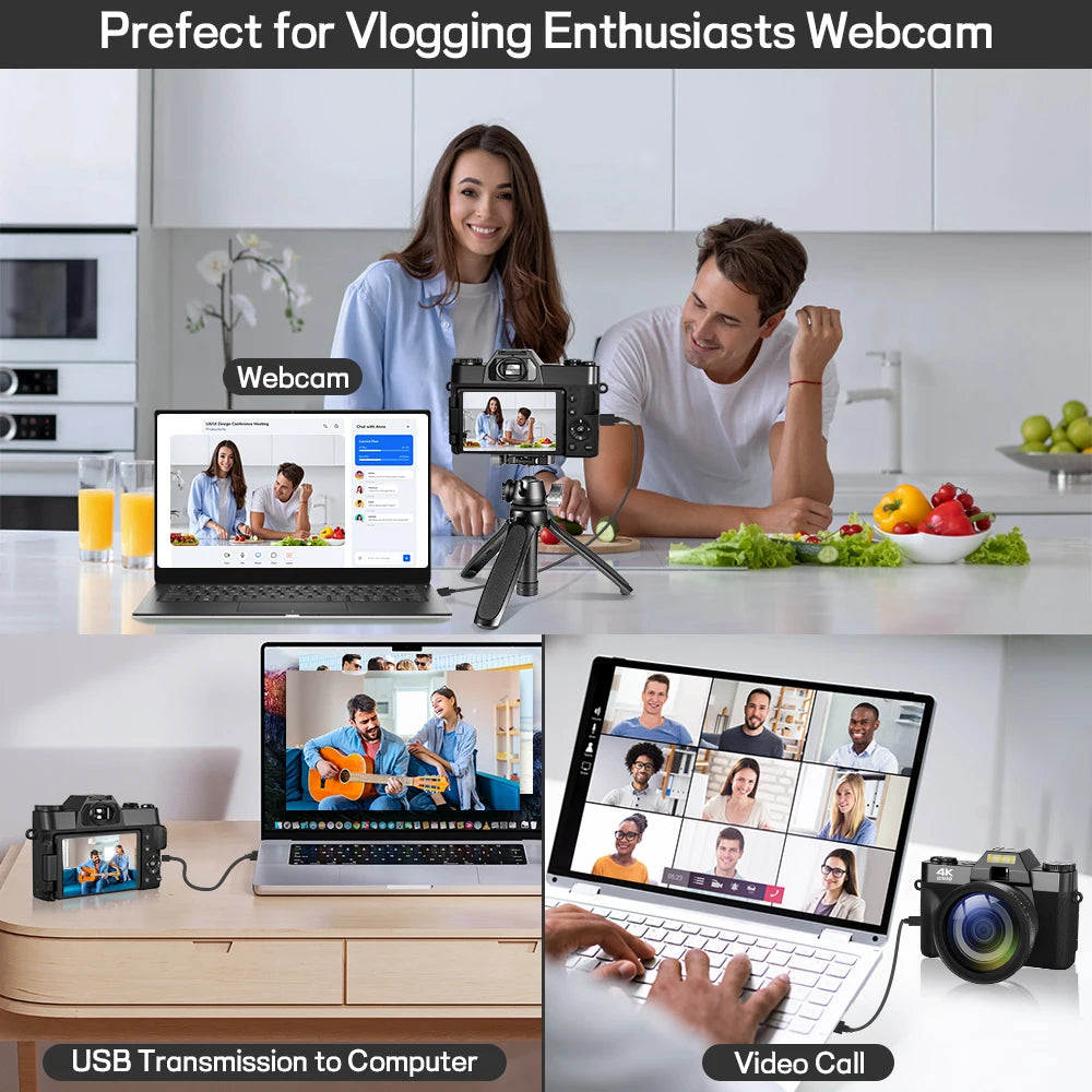 4K WIFI Digital Webcam Camera, 3 Inch Flip Screen