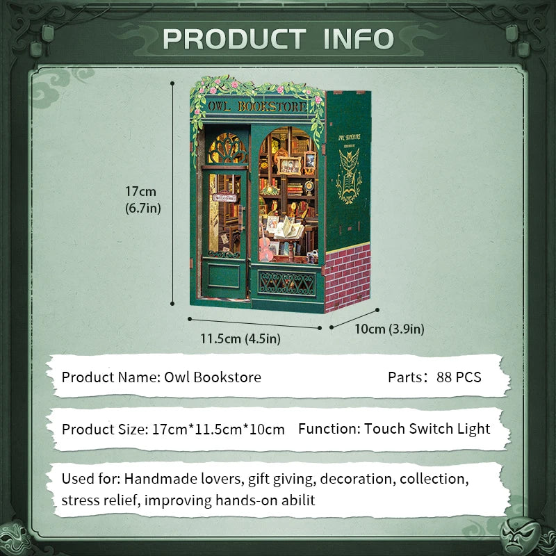 3D Wooden Puzzle Miniature Model Kits Owl Bookstore