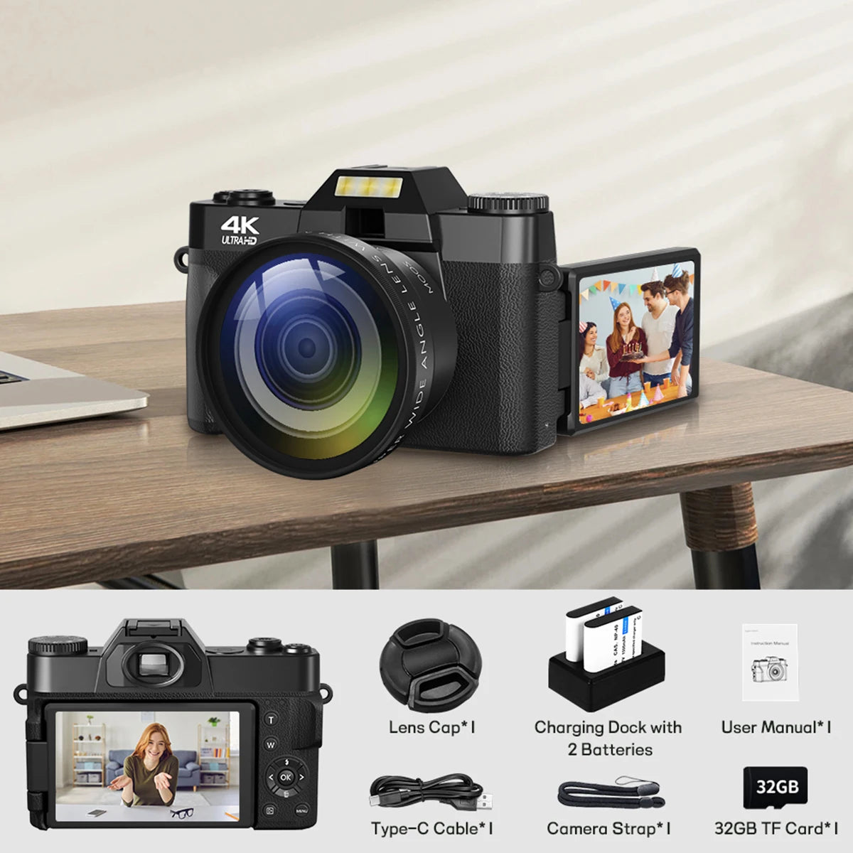 4K WIFI Digital Webcam Camera, 3 Inch Flip Screen