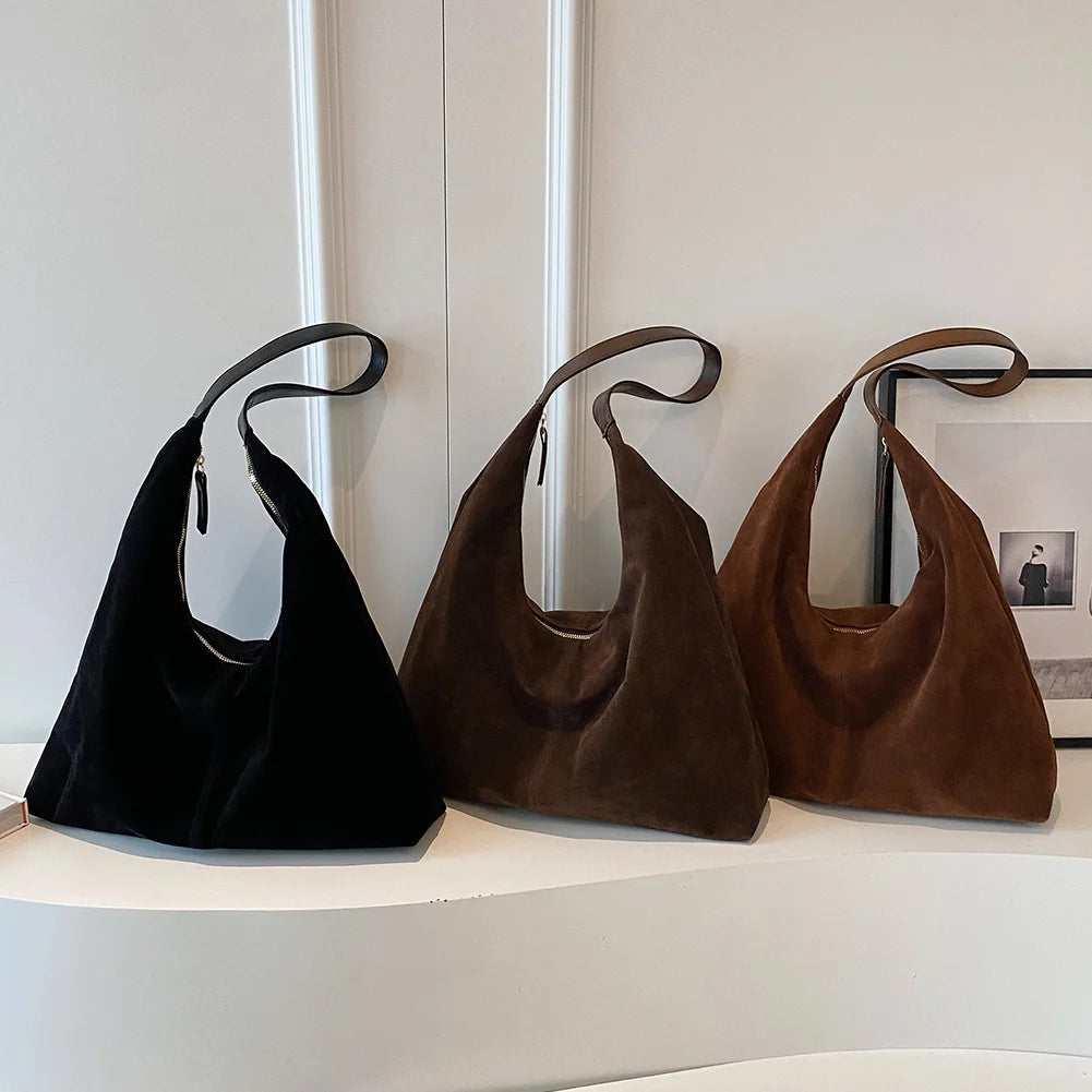 Women's Suede Large Capacity Shoulder Hobo Bag with Zipper