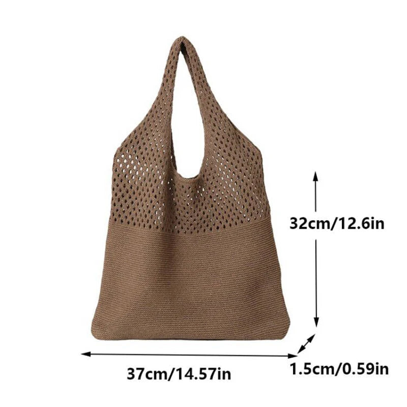 Women's Solid Color Crocheted Handbag, Hollow Black Khaki Top-handle