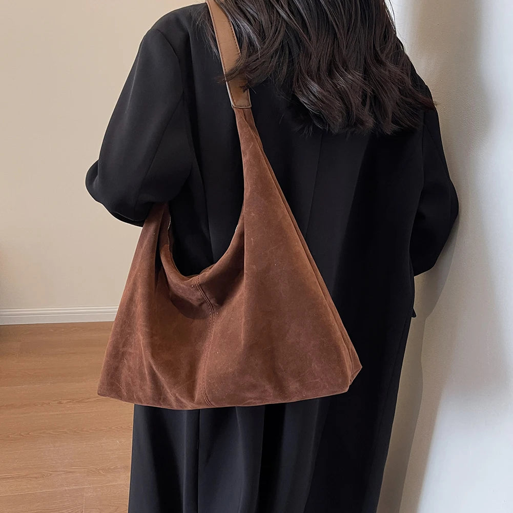 Women's Suede Large Capacity Shoulder Hobo Bag with Zipper