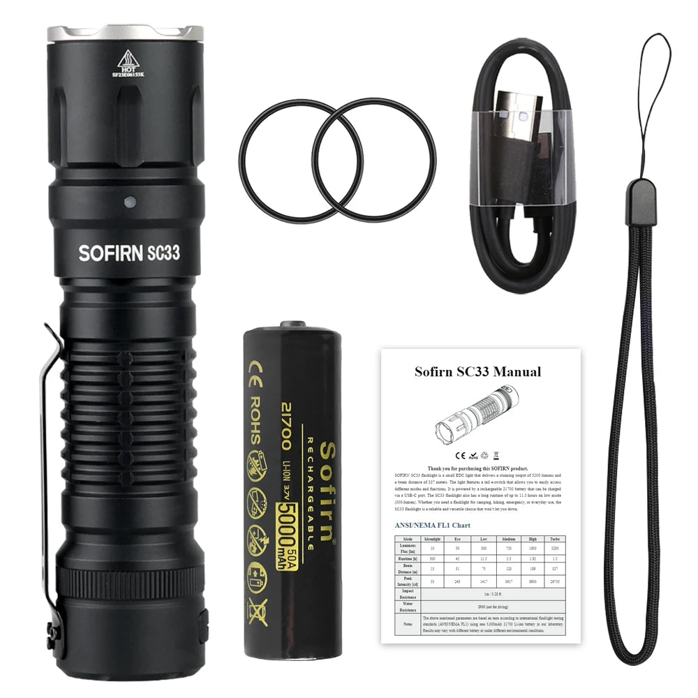 HI LED Tactical Flashlight 5200lm Powerful 21700 USB C