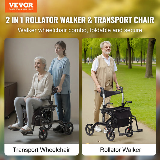 2-in-1 Rollator Folding Walker & Transport Chair