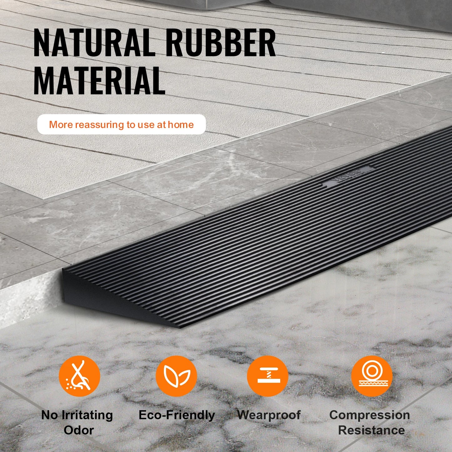 1.2" Rise Cuttable Natural Rubber Threshold Wheelchair Ramp with Double-Sided Tape