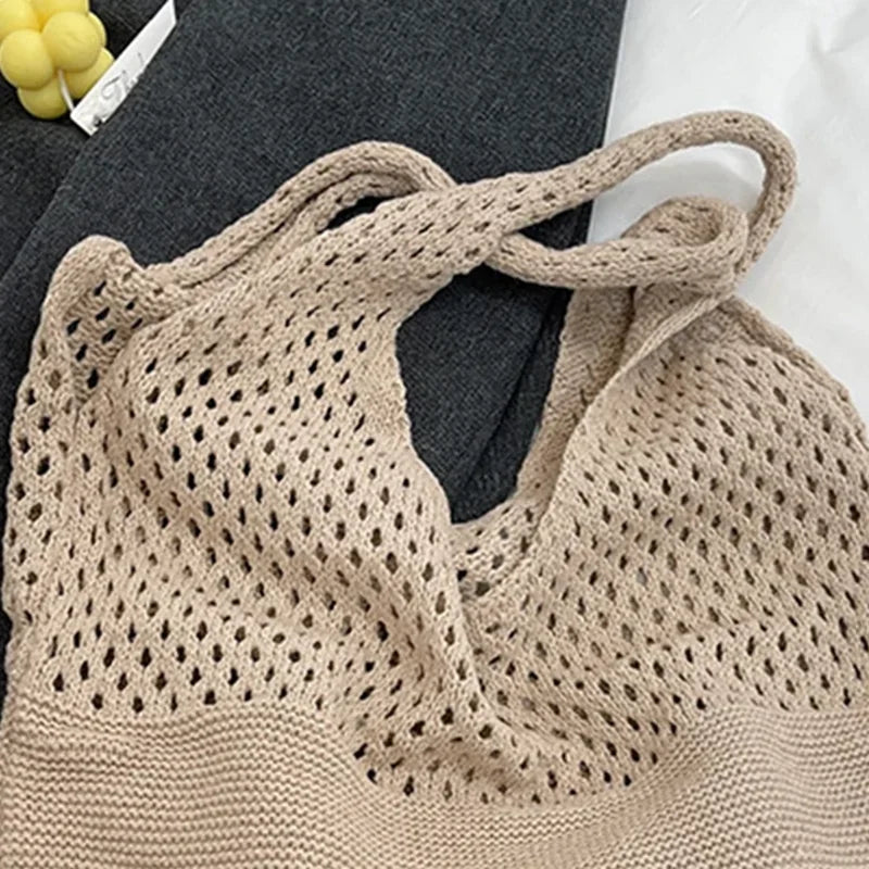 Women's Solid Color Crocheted Handbag, Hollow Black Khaki Top-handle