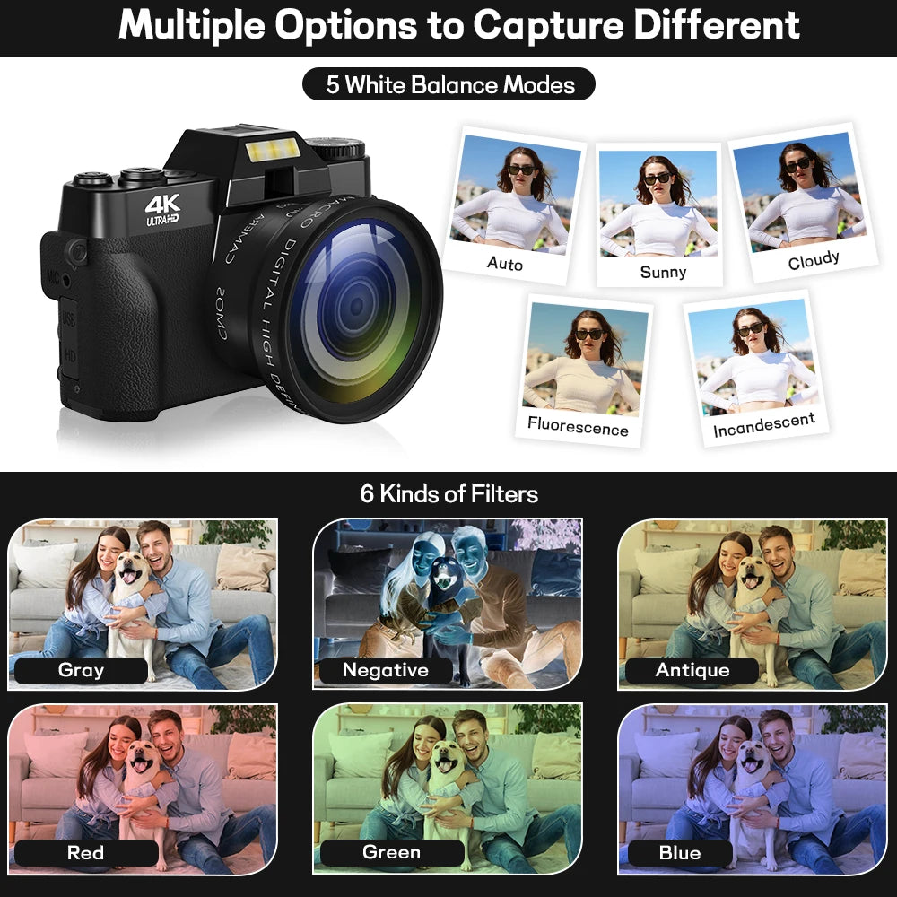 4K WIFI Digital Webcam Camera, 3 Inch Flip Screen