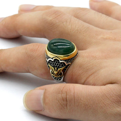 Men's CZ Enamel Gold Ring with Green Natural Agate Stone, Vintage Eagle Design, 925 Sterling Silver