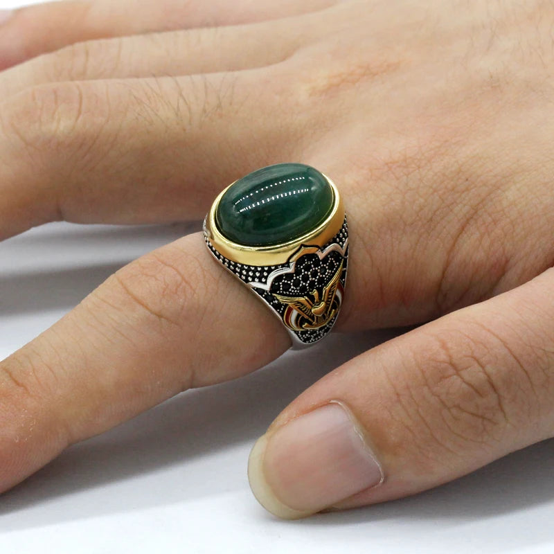 Men's CZ Enamel Gold Ring with Green Natural Agate Stone, Vintage Eagle Design, 925 Sterling Silver