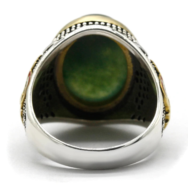 Men's CZ Enamel Gold Ring with Green Natural Agate Stone, Vintage Eagle Design, 925 Sterling Silver