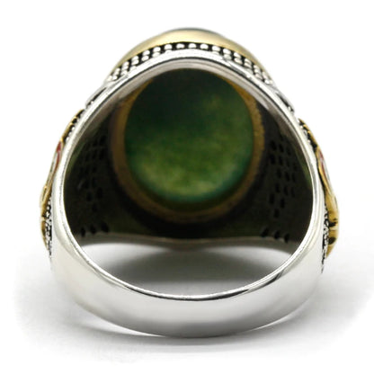 Men's CZ Enamel Gold Ring with Green Natural Agate Stone, Vintage Eagle Design, 925 Sterling Silver