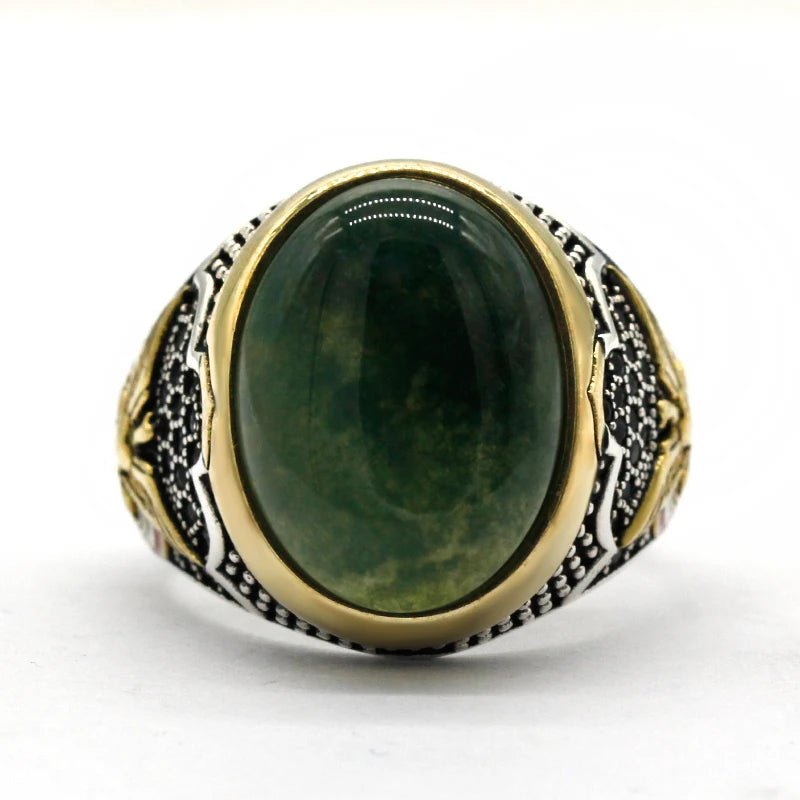 Men's CZ Enamel Gold Ring with Green Natural Agate Stone, Vintage Eagle Design, 925 Sterling Silver