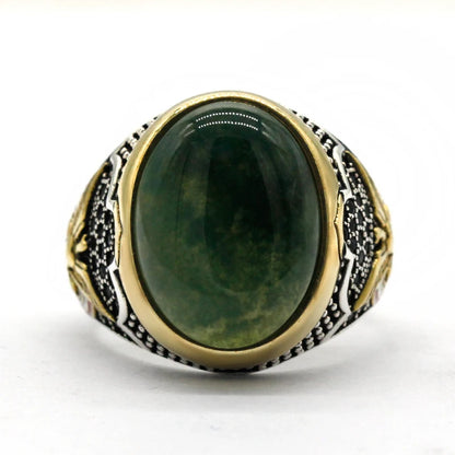 Men's CZ Enamel Gold Ring with Green Natural Agate Stone, Vintage Eagle Design, 925 Sterling Silver
