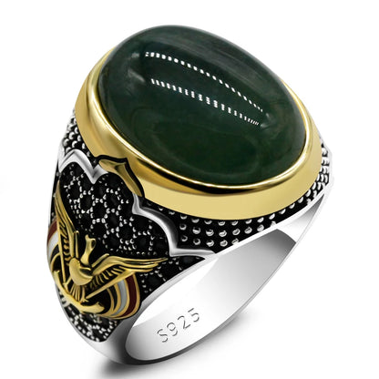 Men's CZ Enamel Gold Ring with Green Natural Agate Stone, Vintage Eagle Design, 925 Sterling Silver