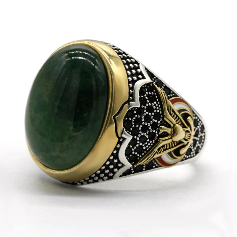 Men's CZ Enamel Gold Ring with Green Natural Agate Stone, Vintage Eagle Design, 925 Sterling Silver