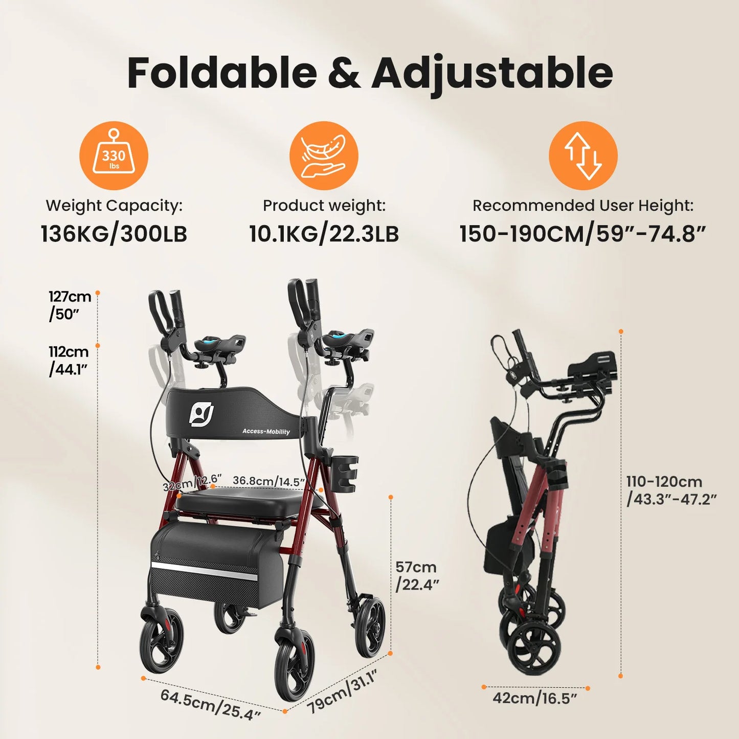 Foldable, Stand Up Rollator Walker with Padded Seat and Backrest