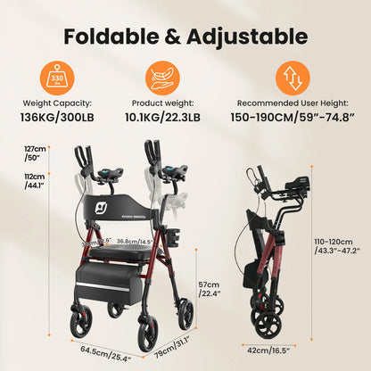 Foldable, Stand Up Rollator Walker with Padded Seat and Backrest