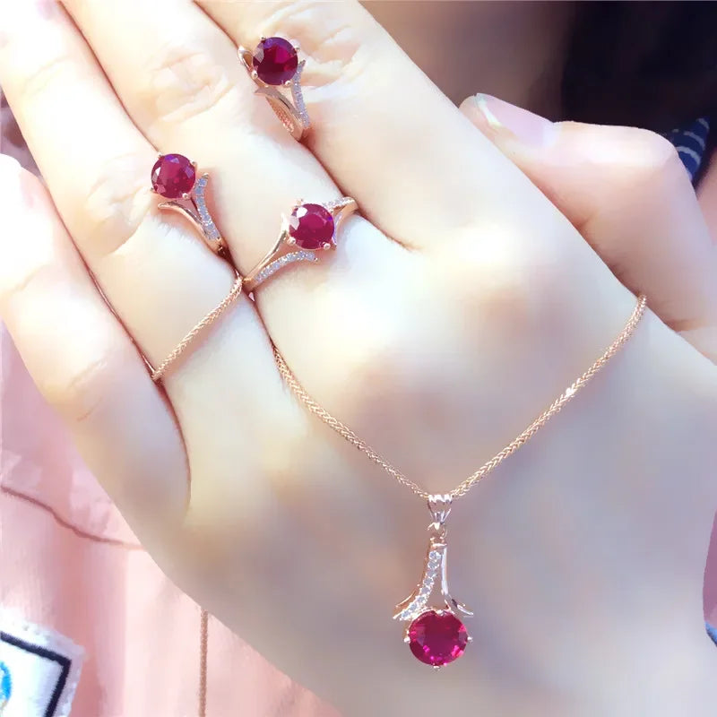 High Quality Fashion Jewelry Inlaid Ruby Sets, Earrings, Necklace, and Ring