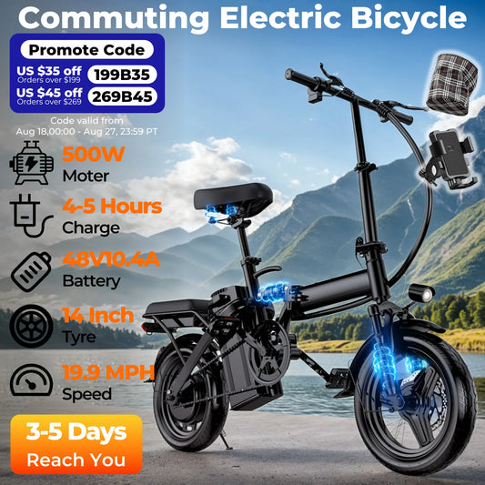 500W Adult 14 Inch Folding Electric Bike, 20 MPH, 48V 12Ah