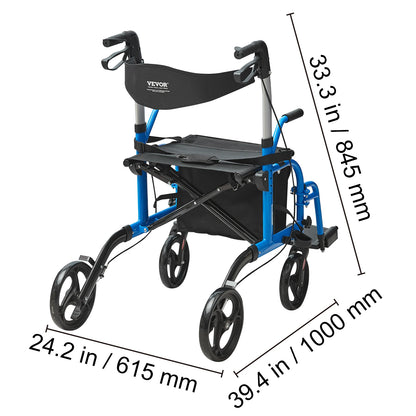 2-in-1 Rollator Folding Walker & Transport Chair