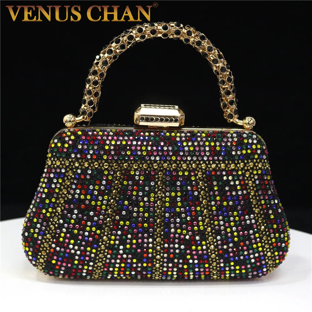 Exquisite Rhinestone Embellished Evening Bags With Diamond Design, Chain Handle