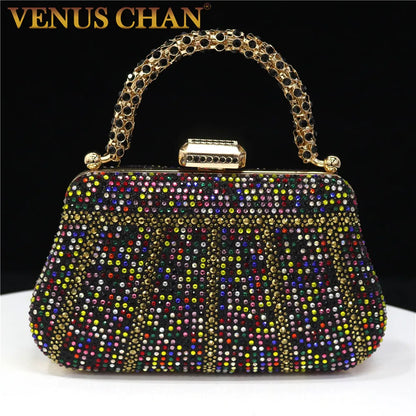 Exquisite Rhinestone Embellished Evening Bags With Diamond Design, Chain Handle