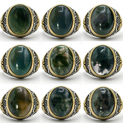 Men's CZ Enamel Gold Ring with Green Natural Agate Stone, Vintage Eagle Design, 925 Sterling Silver