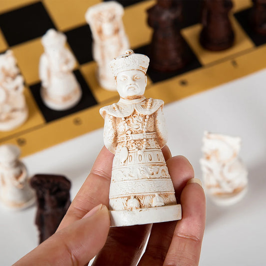 Big Vintage Chess 3d Qing Army Resin Pieces Leather Chessboard Gypsum Game