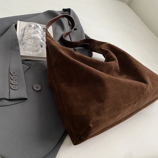 Women's Suede Large Capacity Shoulder Hobo Bag with Zipper