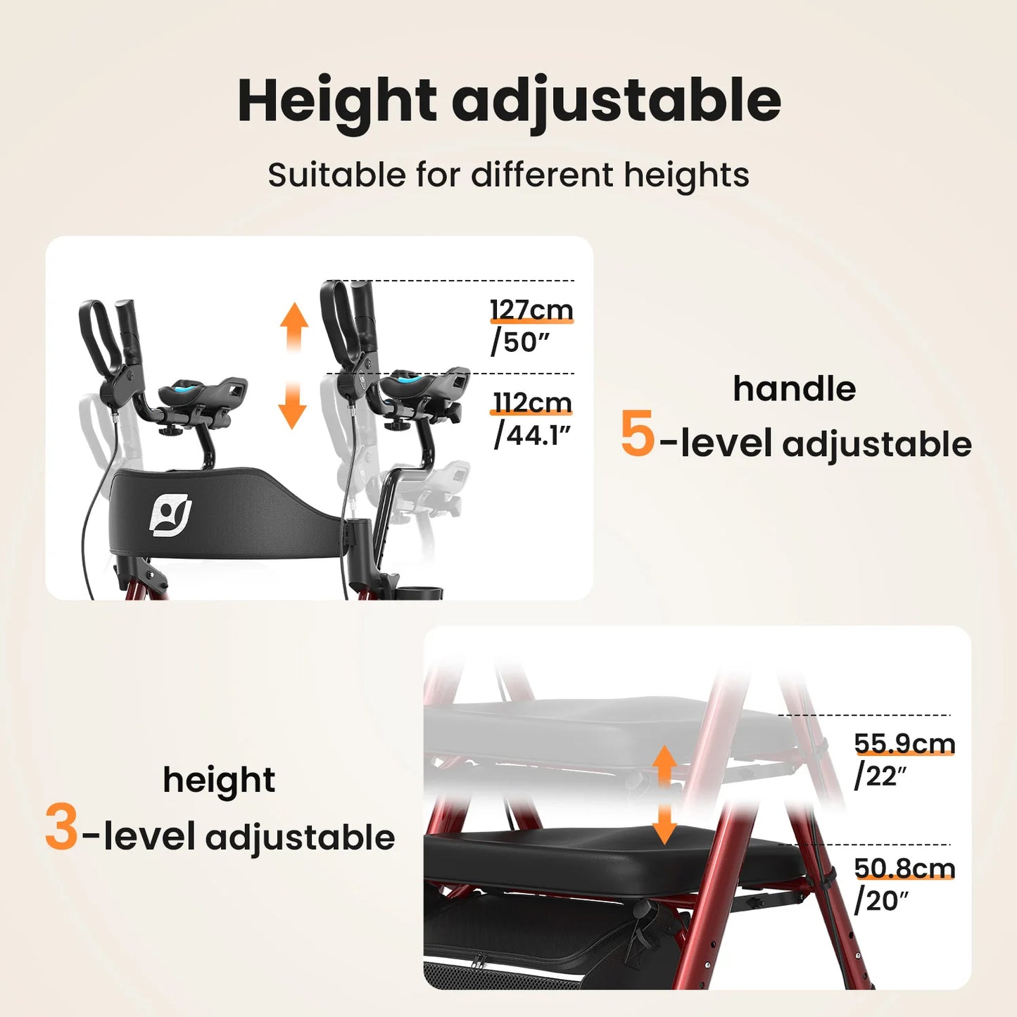 Foldable, Stand Up Rollator Walker with Padded Seat and Backrest