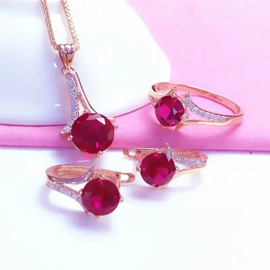 High Quality Fashion Jewelry Inlaid Ruby Sets, Earrings, Necklace, and Ring