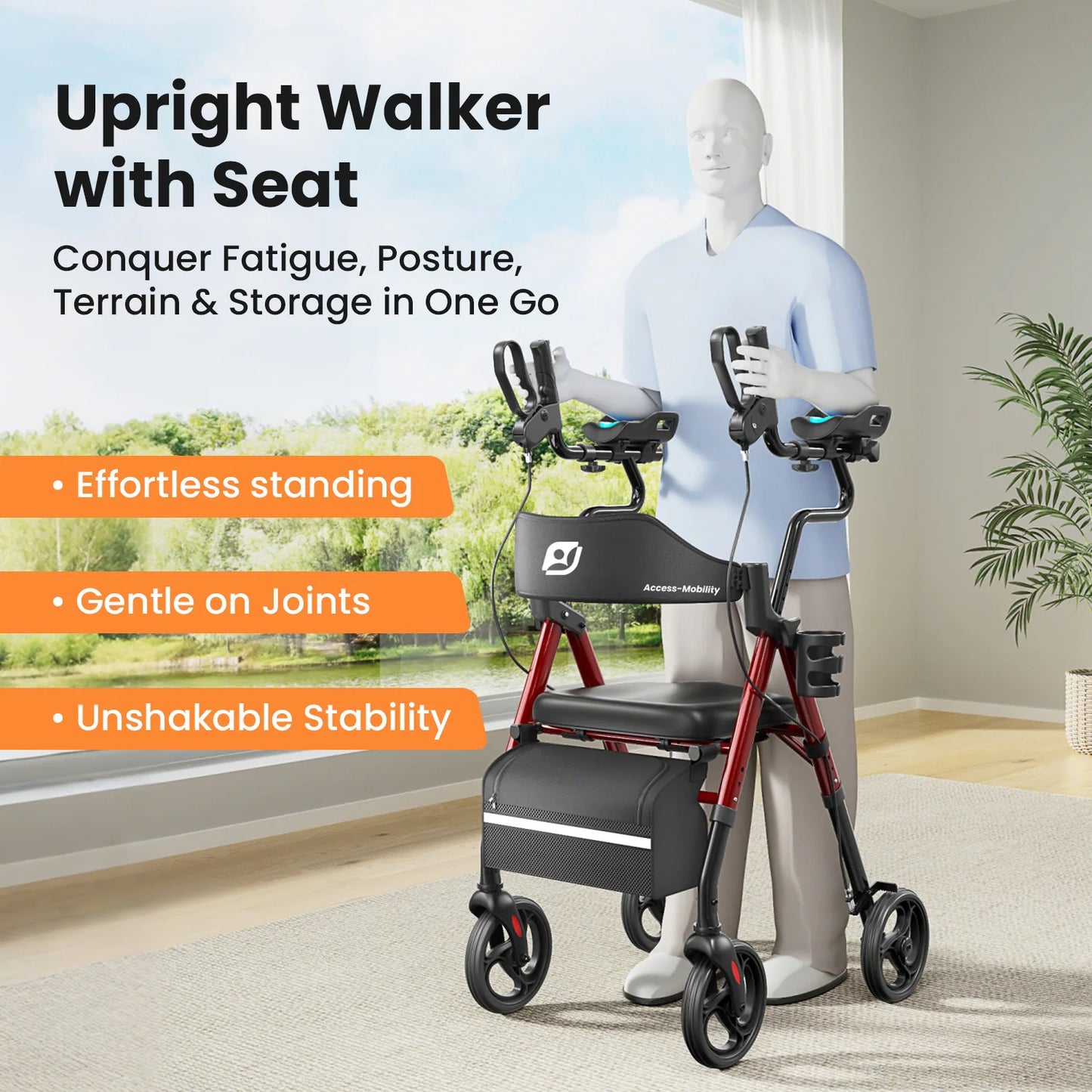 Foldable, Stand Up Rollator Walker with Padded Seat and Backrest