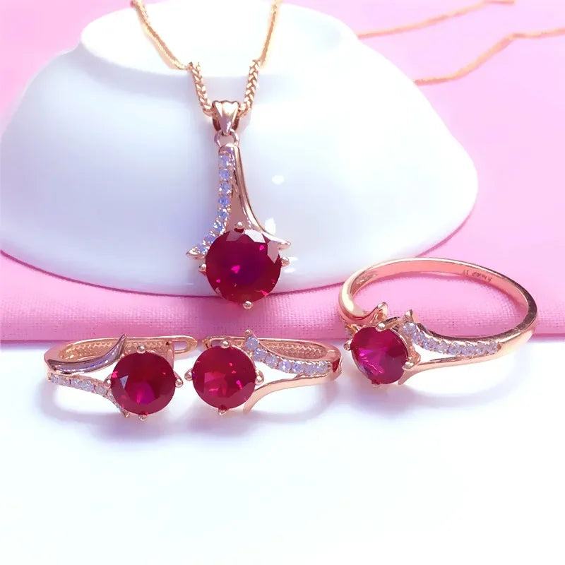 High Quality Fashion Jewelry Inlaid Ruby Sets, Earrings, Necklace, and Ring